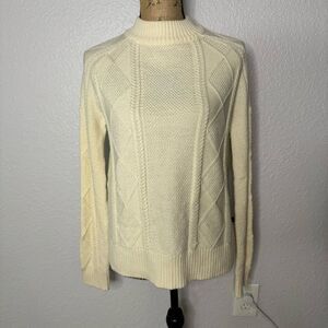 United by Blue Merino Wool Sweater Geo Cable Knit Mock Neck White Size S Warm